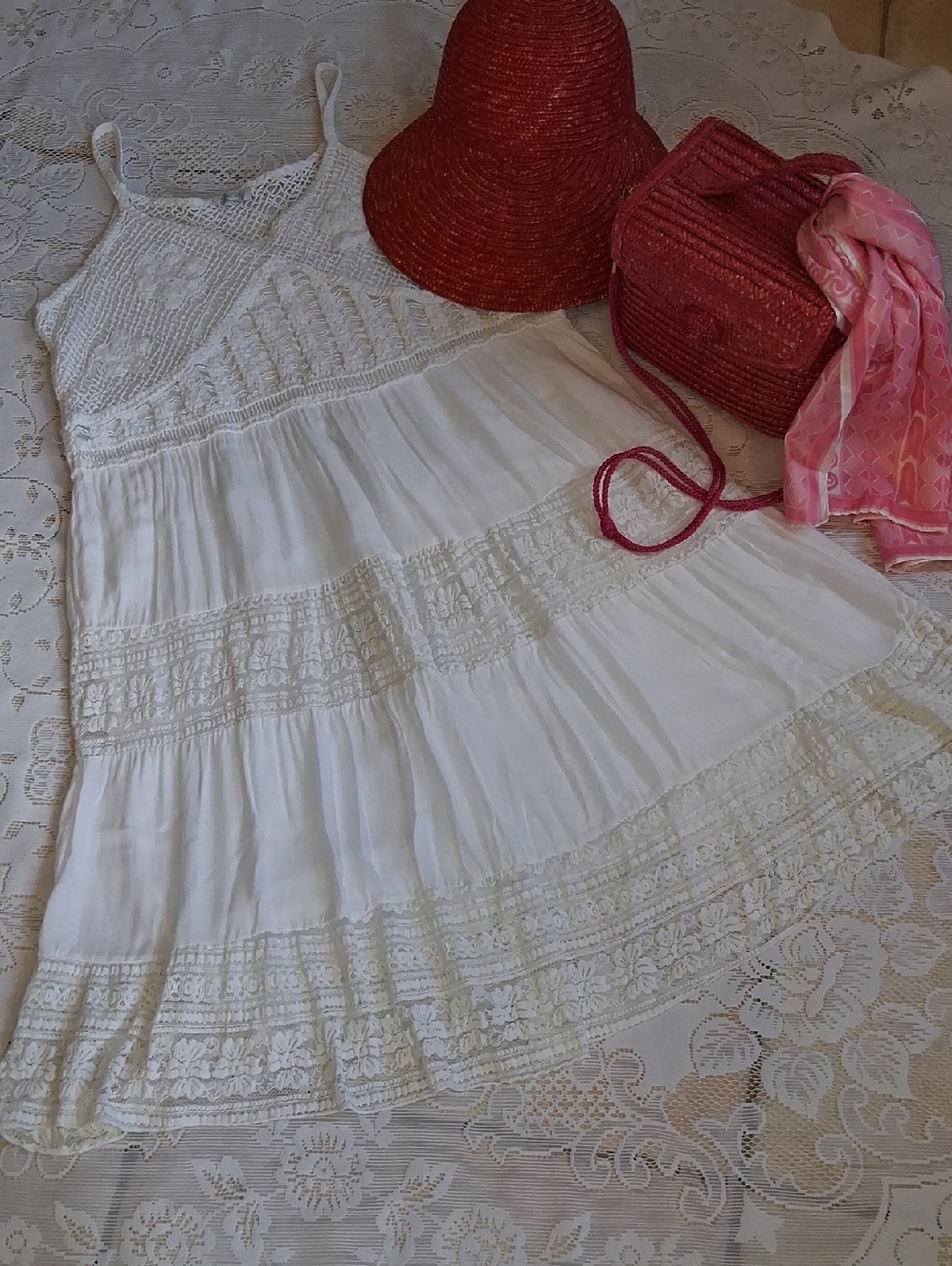 White Lace Tiered Dress,  Bonus Straw Bag And Hat